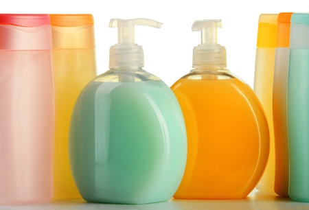 Plastic bottles of body care and beauty products の写真素材