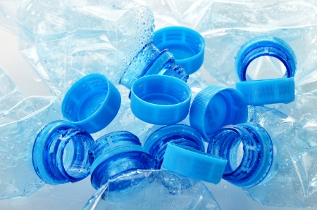 Composition with empty polycarbonate plastic bottles of mineral waterの写真素材