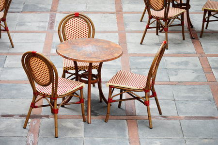 Tables and chairs in a street cafeのeditorial素材