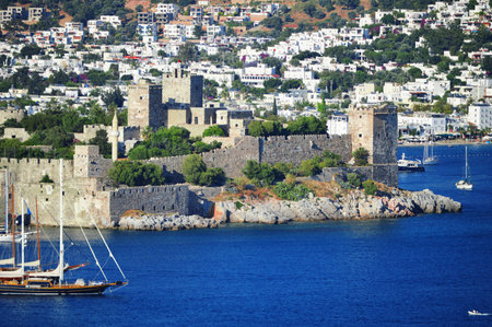 View of Bodrum harbor during hot summer day. Turkish Riviera.のeditorial素材