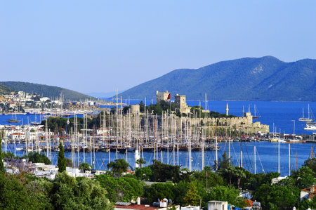 View of Bodrum harbor during hot summer day. Turkish Riviera.のeditorial素材