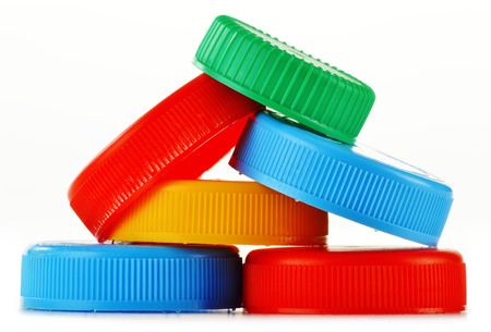 Plastic bottle caps isolated on whiteの写真素材