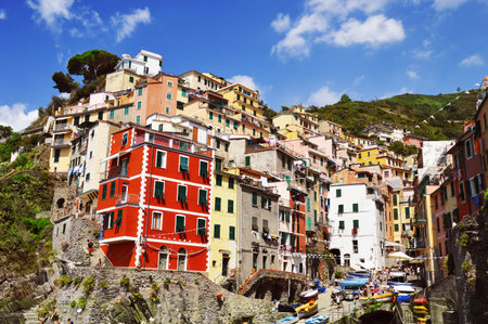 Traditional Mediterranean architecture of Riomaggiore, La Spezia, Liguria, Italyのeditorial素材