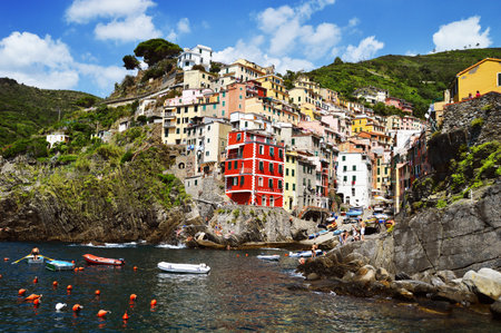 Traditional Mediterranean architecture of Riomaggiore, La Spezia, Liguria, Italyのeditorial素材