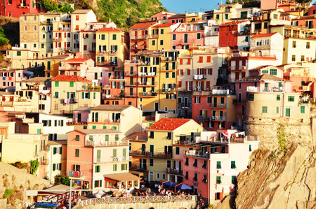 Traditional Mediterranean architecture of Manarola, La Spezia, Liguria, Italyのeditorial素材