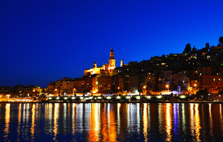 City of Menton by night. French Riviera.の写真素材