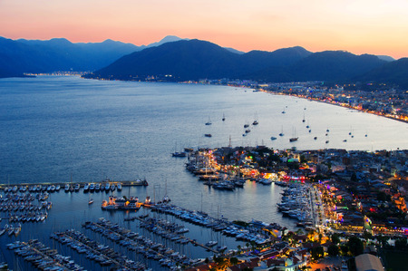 View of Marmaris harbor on Turkish Riviera by nightの写真素材