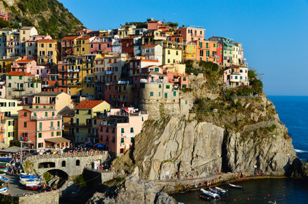 Traditional Mediterranean architecture of Manarola, La Spezia, Liguria, Italyのeditorial素材