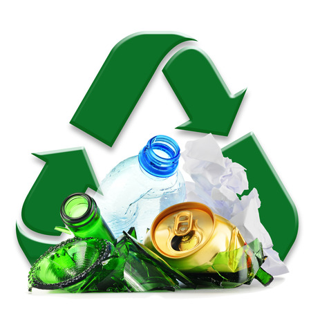 Composition with recyclable garbage consisting of glass, plastic, metal and paper isolated on white backgroundの写真素材