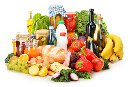 Composition with variety of grocery products isolated on white. Composition with variety of grocery products isolated on white.