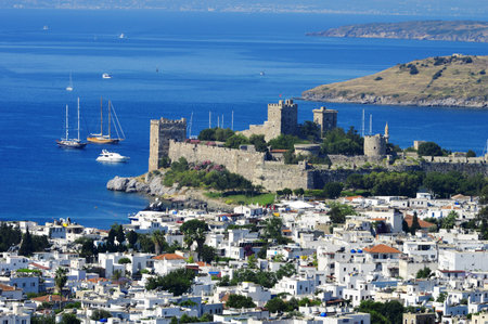 View of Bodrum harbor during hot summer day. Turkish Riviera.のeditorial素材