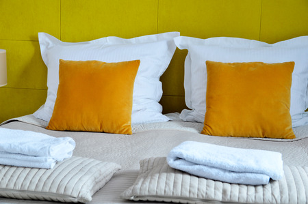 Double bed in hotel room. Accommodationの写真素材