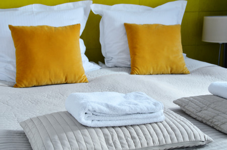 Double bed in hotel room. Accommodationの写真素材