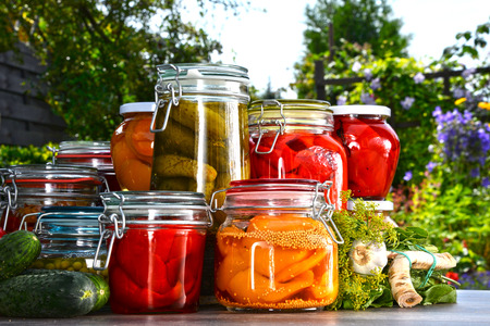 Jars of pickled vegetables and fruits in the garden. Marinated food.の写真素材