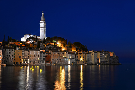 Old town of Rovinj on Istrian peninsula, Croatia by nightの写真素材