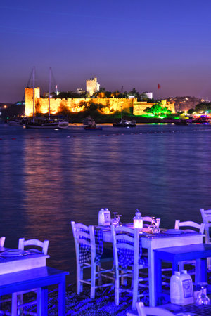 View of Bodrum harbor and Castle of St. Peter by night. Turkish Riviera.のeditorial素材