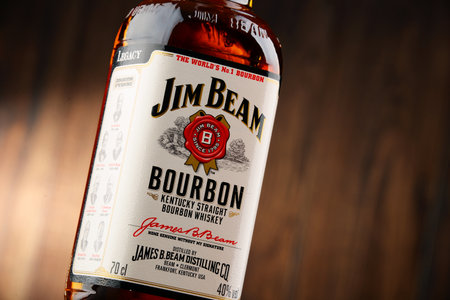 POZNAN, POLAND - NOVEMBER 4, 2015: Jim Beam is one of best selling brands of bourbon in the world, produced by Beam Inc. in Clermont, Kentucky.のeditorial素材
