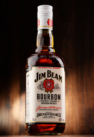 POZNAN, POLAND - NOVEMBER 4, 2015: Jim Beam is one of best selling brands of bourbon in the world, produced by Beam Inc. in Clermont, Kentucky.のeditorial素材