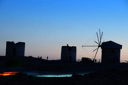 Antique mills in Bodrum after sunset, Turkish Rivieraの写真素材