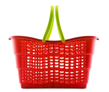 Empty plastic shopping basket isolated on white backgroundの写真素材