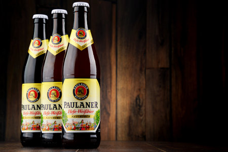 POZNAN, POLAND - MAY 18, 2016: Paulaner is a German brewery, established in 1634 in Munich.It ranks number 18 among Germany's best selling breweriesのeditorial素材