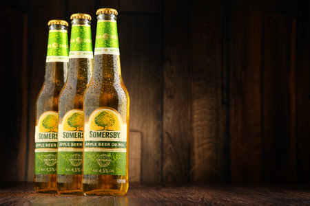 POZNAN, POLAND - JUNE 22, 2016: Somersby cider is a brand of 4.5% abv cider produced by Danish brewing company Carlsberg Group. It is being sold in more than 46 countries.のeditorial素材