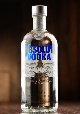 POZNAN, POLAND - JUNE 22, 2016: Absolut Vodka is a brand of vodka, produced near Ahus, in Sweden. Owned by French group Pernod Ricard it is one of the largest brand of alcoholic spirits in the world.のeditorial素材