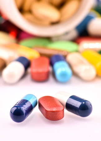 Composition with variety of drug pills and containers.の写真素材