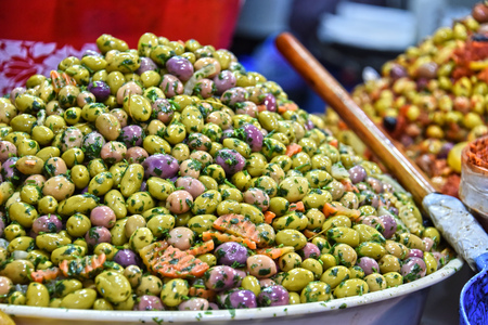 Assorted olives on the arab street market stall.の写真素材