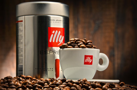POZNAN, POLAND - OCT 12, 2016: Illy is an Italian coffee roasting company that specializes in the production of espresso. Founded by Francesco Illy in 1933.のeditorial素材