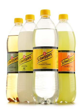 POZNAN, POLAND - OCT 13, 2016: Schweppes Comp. is a beverage manufacturer founded in Geneva and developed in London famed for carbonated soft drinks including ginger ale, bitter lemon and tonic waterのeditorial素材