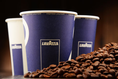 POZNAN, POLAND - APRIL 28, 2016: Lavazza is an Italian manufacturer of coffee products It was founded in Turin in 1895 by Luigi Lavazza.のeditorial素材
