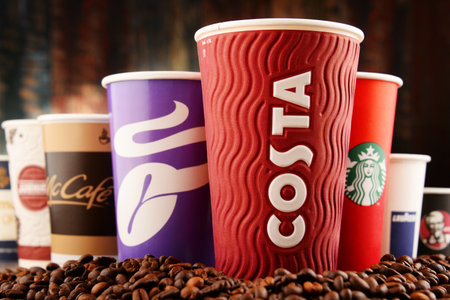 POZNAN, POLAND - NOV 25, 2016: In last decades coffee became an important battleground for large multinational corporations operating as global coffeehouse chains.のeditorial素材