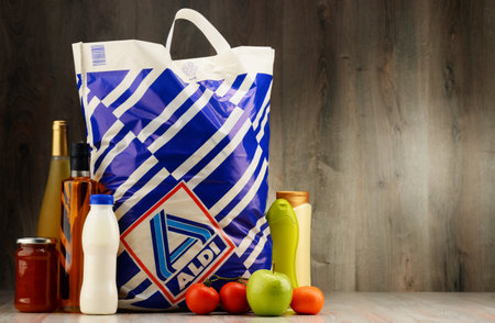 POZNAN, POLAND - DEC 1, 2016: Aldi is a German discount supermarket chain with over 10,000 stores in 18 countries. It was established in Essen by brothers Karl and Theo Albrecht in 1946のeditorial素材