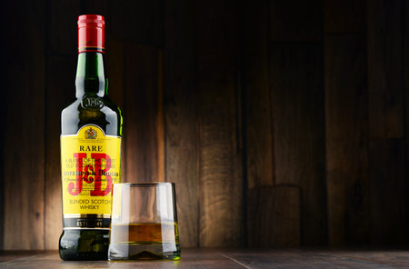 POZNAN, POLAND - NOV 22, 2016: J&B Rare blended Scotch whisky is a product of Justerini & Brooks Ltd. fine wine and spirits merchant who have been supplying to every British monarch since 1761のeditorial素材