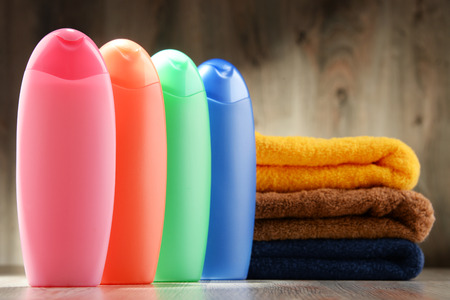 Plastic bottles of body care and beauty products.の写真素材