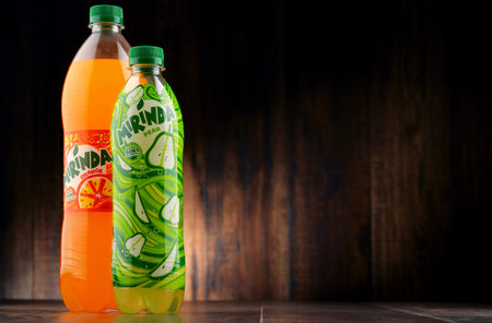 POZNAN, POLAND - JAN 18, 2017: Mirinda is a brand of soft drink originally created in Spain in 1959 and owned by PepsiCo since 1970のeditorial素材