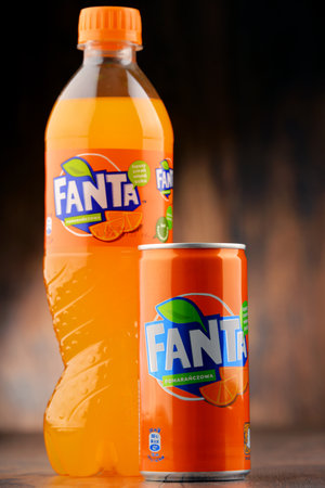 POZNAN, POLAND - JAN 20, 2017: Fanta is a global brand of fruit-flavored carbonated soft drinks created by The Coca-Cola Company in Germany in 1940のeditorial素材