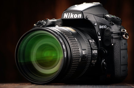 POZNAN, POLAND - JAN 20, 2017: Nikon is a Japanese multinational corporation headquartered in Tokyo, Japan, specializing in optics and imaging products including cameras, camera lenses.のeditorial素材