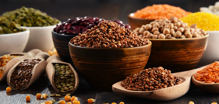 Composition with variety of vegetarian food ingredients.