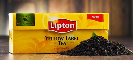 POZNAN, POLAND - MAR 31, 2017: Lipton Yellow Label is a famous brand of tea produced by Lipton since 1890, now sold in over 150 countries worldwide by Anglo-Dutch multinational company Unileverのeditorial素材