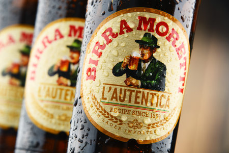 POZNAN, POLAND - MAR 31, 2017: Birra Moretti, Italian brewing company, founded in Udine in 1859 by Luigi Moretti, now owned by Heineken Internationalのeditorial素材