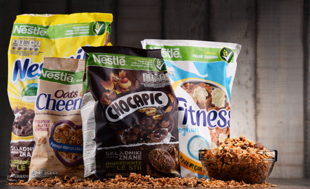 POZNAN, POL - MAY 5, 2017: Nestlé is a Swiss transnational food and drink company headquartered in Vevey, Vaud, Switzerland, the largest food company in the world in 2016のeditorial素材