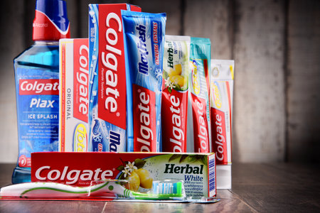 POZNAN, POLAND - MAY 5, 2017: Colgate, a brand of oral hygiene products such as toothpastes,...