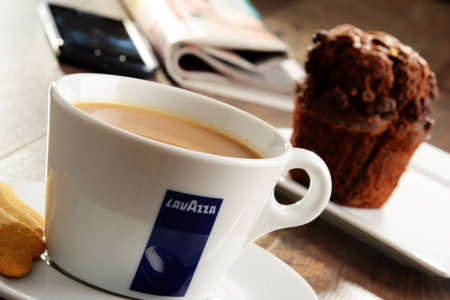 POZNAN, POLAND - APRIL 28, 2016: Lavazza is an Italian manufacturer of coffee products It was founded in Turin in 1895 by Luigi Lavazza.のeditorial素材