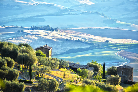 Landscape view of Val d'Orcia, Tuscany, Italy. UNESCO World Heritage Site