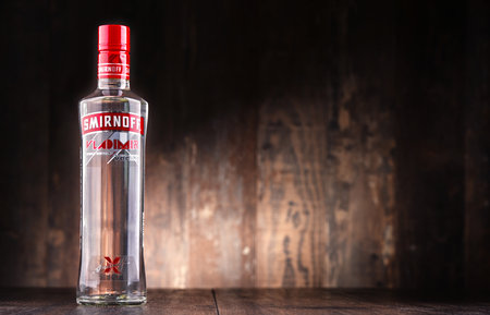 POZNAN, POLAND - MAY 31, 2017: Smirnoff is a brand of vodka owned and produced by the British company Diageo. Founded in Moscow by Pyotr Arsenievich Smirnov it is now distributed in 130 countriesのeditorial素材