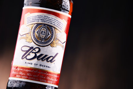 POZNAN, POLAND - JULY 7, 2017: Introduced in St. Louis, Missouri in 1876 , Budweiser is an American-style pale lager produced now by Anheuser-Buschのeditorial素材