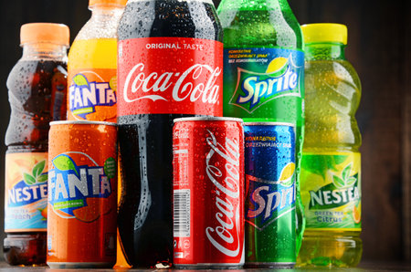 POZNAN, POLAND - JAN 19, 2017: Flagship products of Coca Cola Company, American multinational beverage corporation,  headquartered in Atlanta, Georgia, USAのeditorial素材