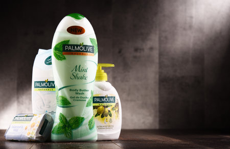 POZNAN, POLAND - AUG 10, 2017: Palmolive is the trademark of a line of products produced by American company Colgate-Palmolive. It was introduced in 1898 and is sold globaly.のeditorial素材